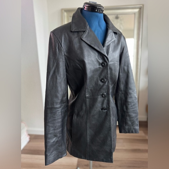 Vintage 90s Y2K Wilson’s Black Leather Button Down Coat Jacket Size M - Picture 1 of 13